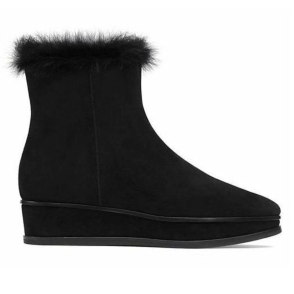 Tory Burch MARCEL Shearling Wedge Booties Black Suede Ankle Platform Size 10.5